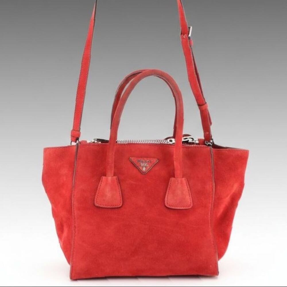 Prada Twin Pocket Two-Way Tote in Red Scamosciato Suede and Lambskin Leather